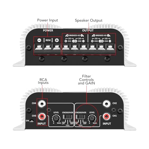 Taramps TS 400x4 400 watts RMS 4 Channels Full Range Car Audio Amplifier, 2 Bridged Channels, RCA Input Class D, Output Power, Multichannel Amplifier System, Small - TS400X4