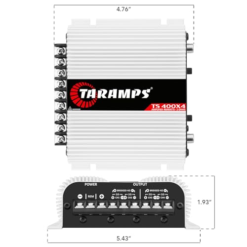 Taramps TS 400x4 400 watts RMS 4 Channels Full Range Car Audio Amplifier, 2 Bridged Channels, RCA Input Class D, Output Power, Multichannel Amplifier System, Small - TS400X4