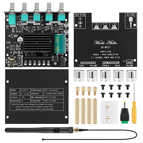 Bluetooth Amplifier Board 2.1 2X50W+100W 12V-24V Audio Power Amplifier Module Bass and Treble Control for Store Home Theater Speakers with Antenna