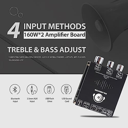 UwayKey T160HS 160W+160W Bluetooth Amplifier Board with Treble and Bass Control, 2.0 Channel Stereo AMP Board DC 12-36V,Bluetooth/AUX/USB Input