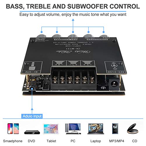 Bluetooth Amplifier Board 2.1 2X50W+100W 12V-24V Audio Power Amplifier Module Bass and Treble Control for Store Home Theater Speakers with Antenna