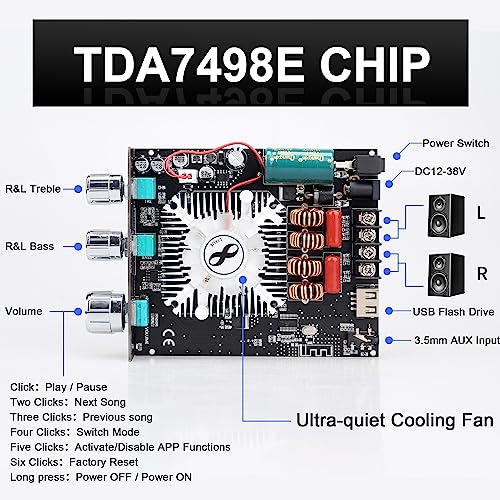 UwayKey T160HS 160W+160W Bluetooth Amplifier Board with Treble and Bass Control, 2.0 Channel Stereo AMP Board DC 12-36V,Bluetooth/AUX/USB Input