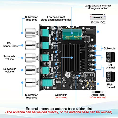 Bluetooth Amplifier Board 2.1 2X50W+100W 12V-24V Audio Power Amplifier Module Bass and Treble Control for Store Home Theater Speakers with Antenna