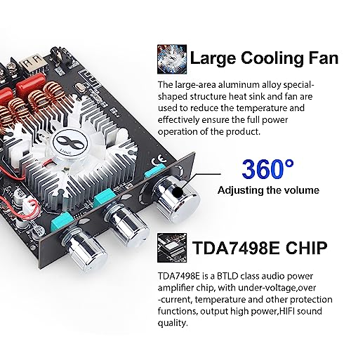 UwayKey T160HS 160W+160W Bluetooth Amplifier Board with Treble and Bass Control, 2.0 Channel Stereo AMP Board DC 12-36V,Bluetooth/AUX/USB Input