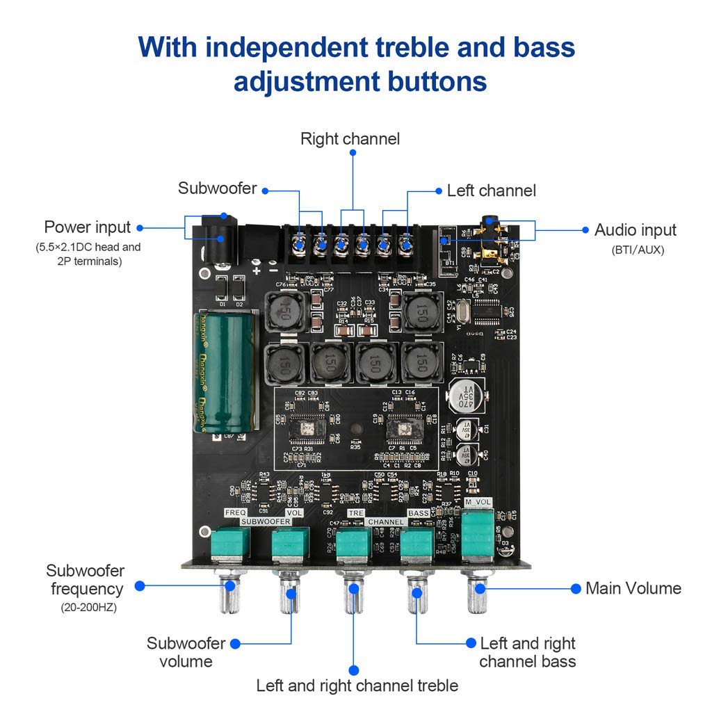 Bluetooth Audio Amplifier Board, ZK-TB21 2.1CH 50W x 2 +100W Subwoofer Power Amp with Treble and Bass Control, Bluetooth5.0 and AUX Inputs, Stereo Digital AMP for DIY Home Speakers