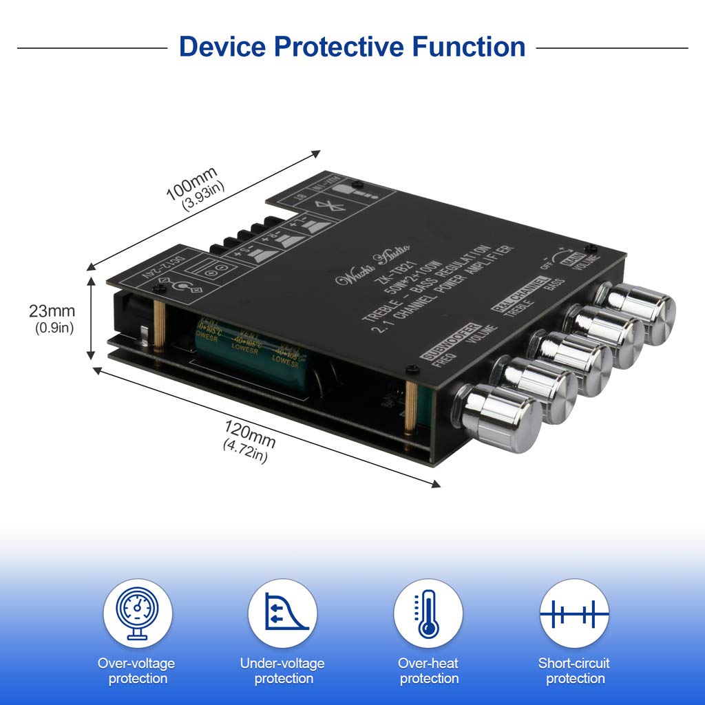 Bluetooth Audio Amplifier Board, ZK-TB21 2.1CH 50W x 2 +100W Subwoofer Power Amp with Treble and Bass Control, Bluetooth5.0 and AUX Inputs, Stereo Digital AMP for DIY Home Speakers