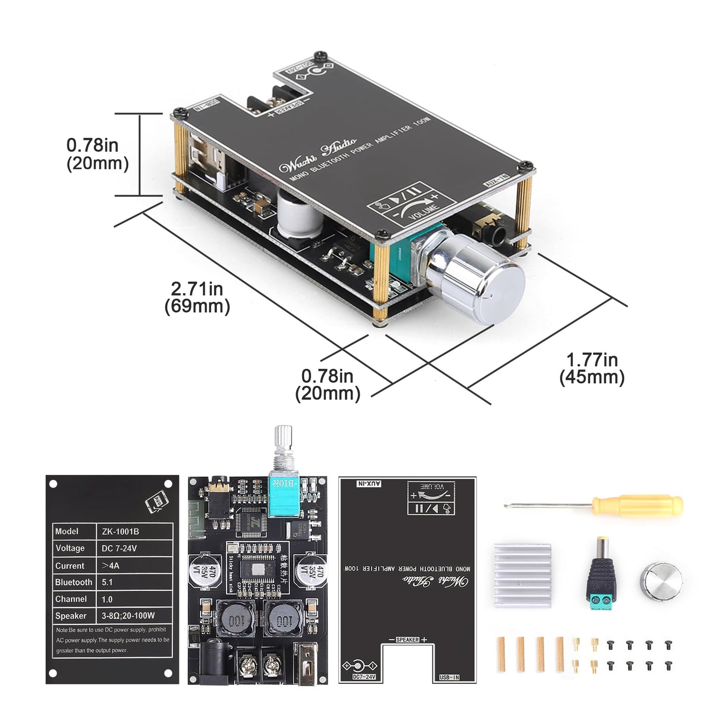 ZK-1001B Mono Bluetooth Amplifier Board with TPA316D2 Chip, Wide Voltage Input 12-24V Peak Output Power 100W, with TWS Pairing Function, Black (ZK-1001B)