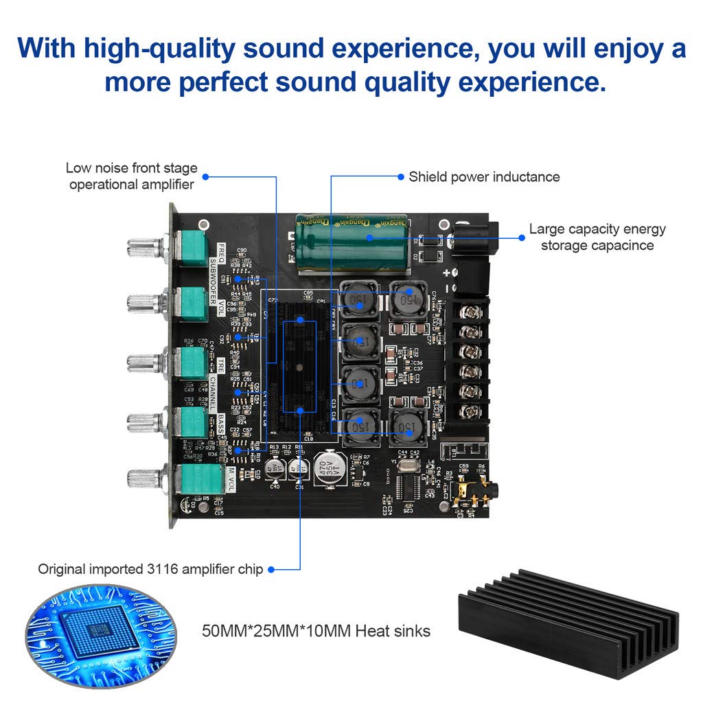 Bluetooth Audio Amplifier Board, ZK-TB21 2.1CH 50W x 2 +100W Subwoofer Power Amp with Treble and Bass Control, Bluetooth5.0 and AUX Inputs, Stereo Digital AMP for DIY Home Speakers