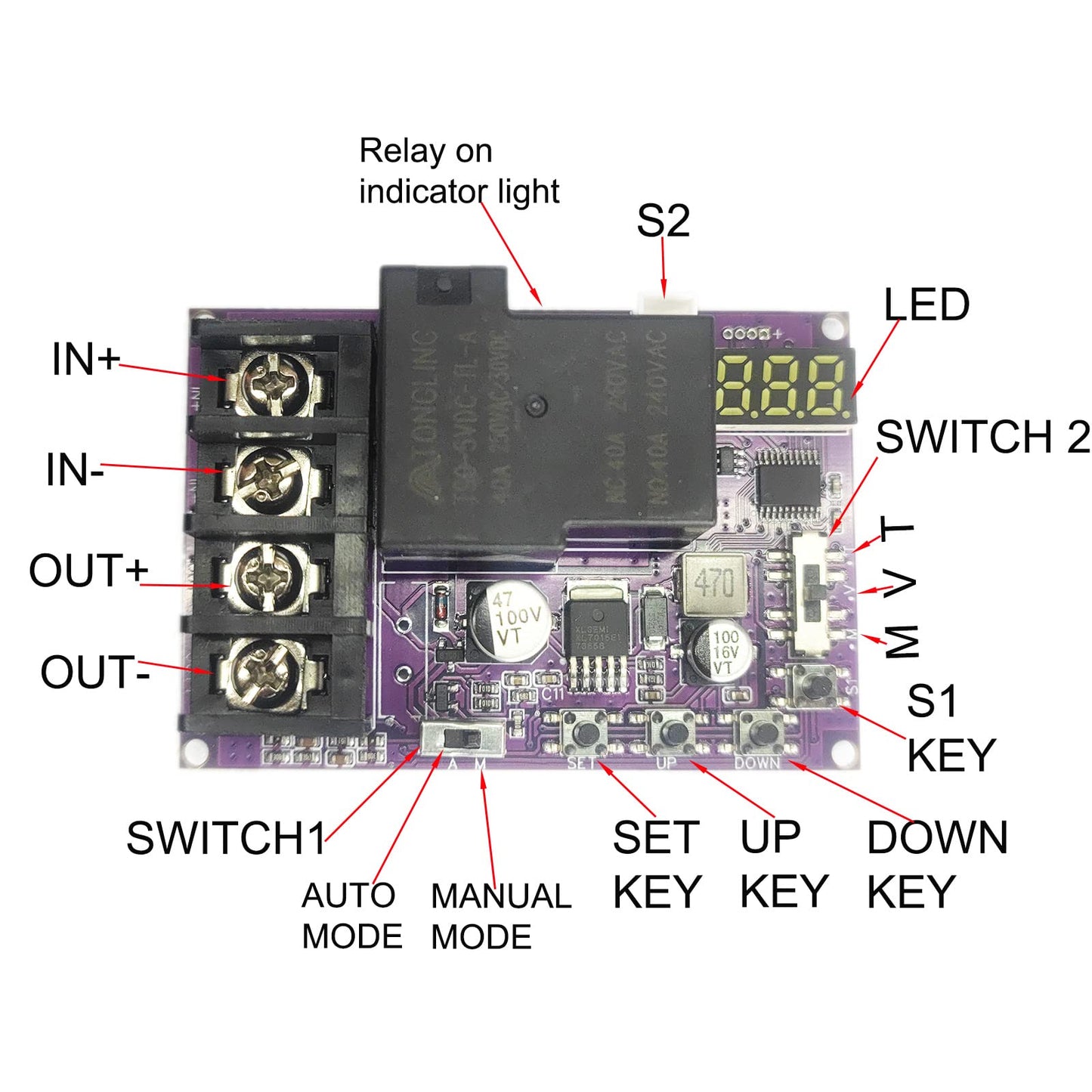 Low Voltage Disconnect and Charging Discharging Protection 2 IN 1 40A DC 5V-60V Low Voltage Cutoff with LCD Display Low Voltage Protector Disconnect Switch Module Charging Discharging Protection Board