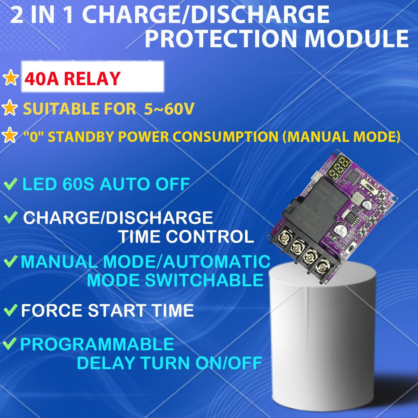 Low Voltage Disconnect and Charging Discharging Protection 2 IN 1 40A DC 5V-60V Low Voltage Cutoff with LCD Display Low Voltage Protector Disconnect Switch Module Charging Discharging Protection Board