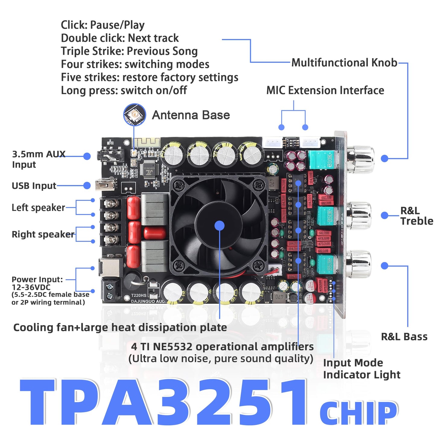 DAMGOO 440W Audio Amplifier Board with Treble and Bass Control, TPA3251 Chips, DC 12-36V, Bluetooth 5.2 and AUX Inputs, 2.0 Channel Stereo AMP Board for DIY Wireless Speakers