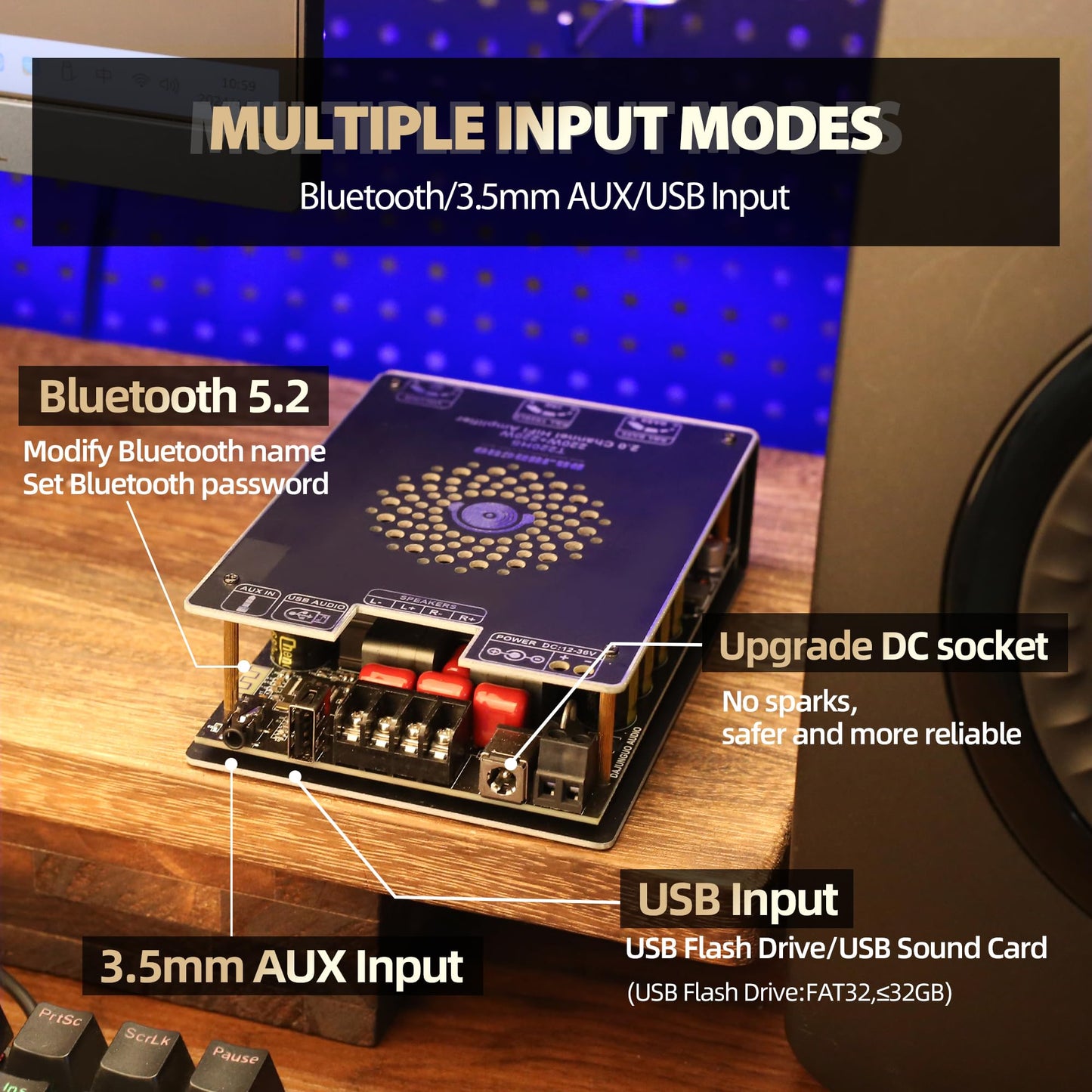 DAMGOO 440W Audio Amplifier Board with Treble and Bass Control, TPA3251 Chips, DC 12-36V, Bluetooth 5.2 and AUX Inputs, 2.0 Channel Stereo AMP Board for DIY Wireless Speakers