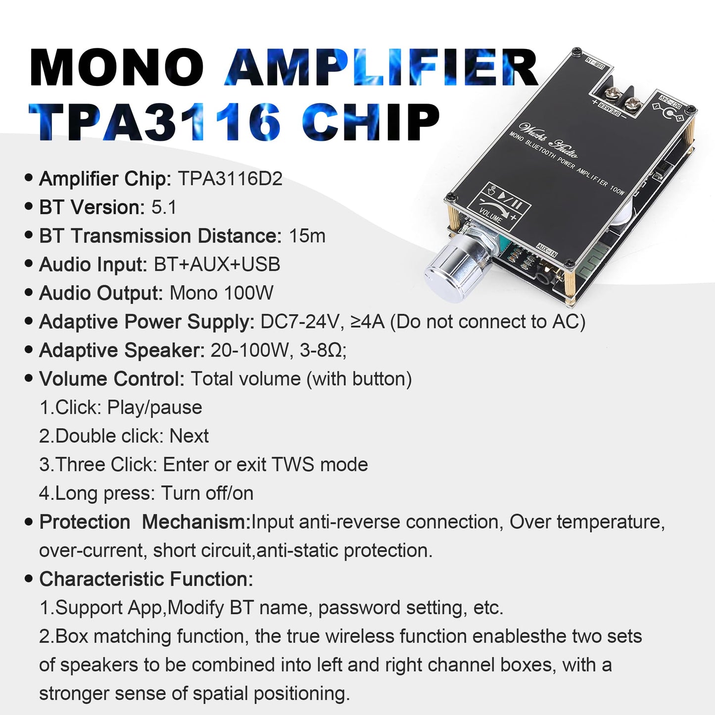 ZK-1001B Mono Bluetooth Amplifier Board with TPA316D2 Chip, Wide Voltage Input 12-24V Peak Output Power 100W, with TWS Pairing Function, Black (ZK-1001B)