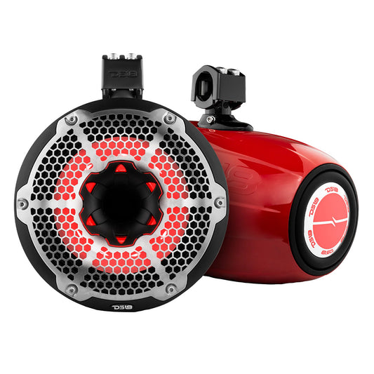 DS18 HYDRO 10 Neodymium Marine Towers wBuiltIn Passive Radiator 1 Driver  RGB LED Lights  900W  Red NXLX10TPNEORD